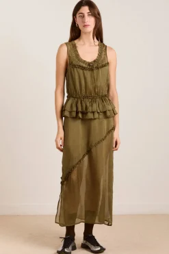 Sasha Ruffle Slip Dress (Sheer Olive)